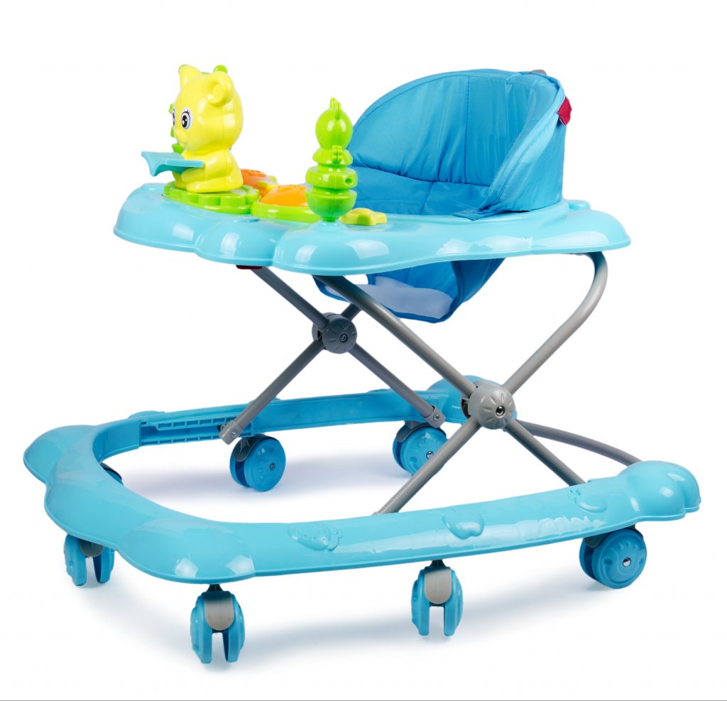 Blue baby walker with toys isolated