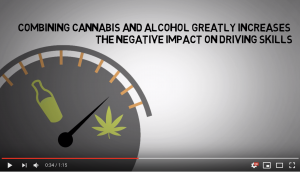 Drawing of a speedometer with a bottle on the left side and a cannabis leaf of n the other. The needle is pointing toward the cannabis leaf